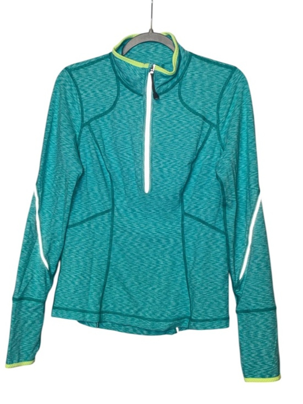 Zella Green White 1/2 zip Long Sleeve Top Performance Reflective Yellow Trim